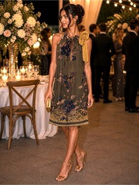Hale Bob Floral Dress with Bow Tie - Olive green w/crushed velvet accents sz S